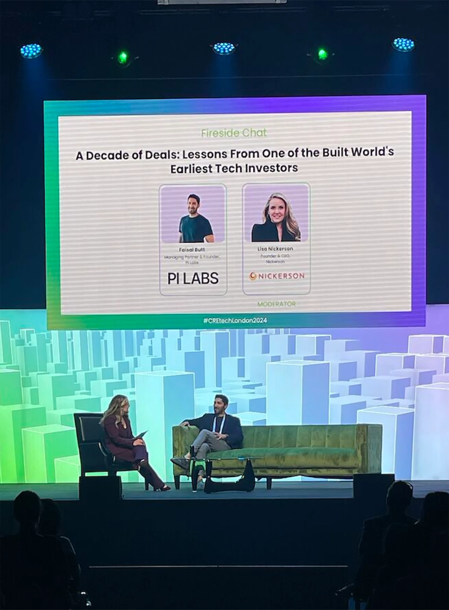 Lisa Nickerson speaking with PiLabs founder Faisal Butt at CREtech London